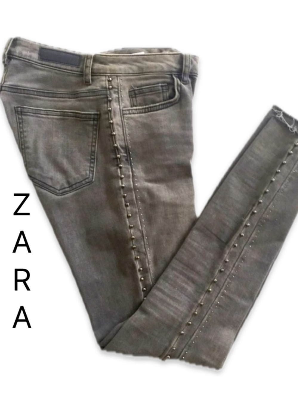 ZARA High Rise Slim Fit Jeans Studded Raw Hem Washed Black Stretch Denim Size 2